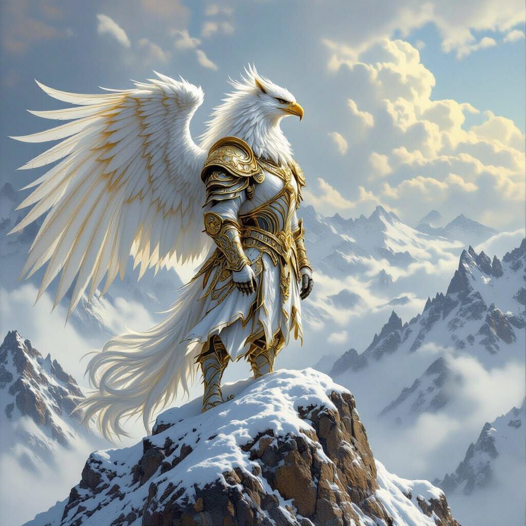 Armored Griffin on Mountain Peak in Art Nouveau Style