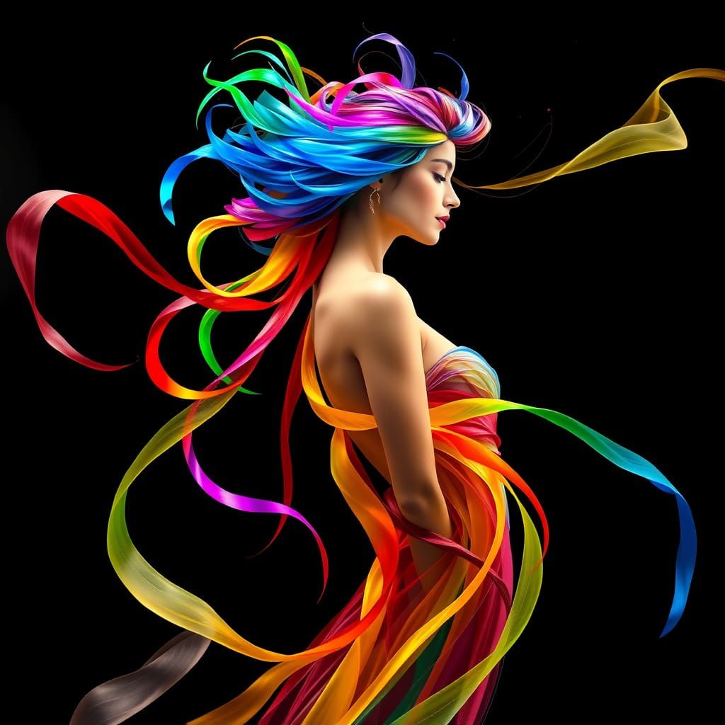 Elegant Woman With Flowing Rainbow Ribbons in Surreal Style