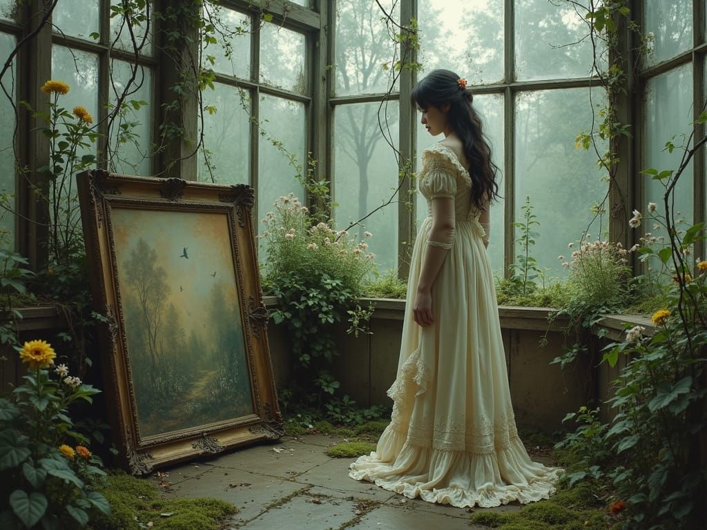 Victorian Ghost in Overgrown Greenhouse, Painterly Realism
