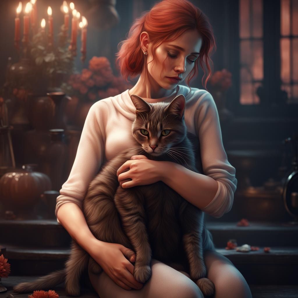 Woman Grieving Breakup Comforted by Cat: Fantasy Art