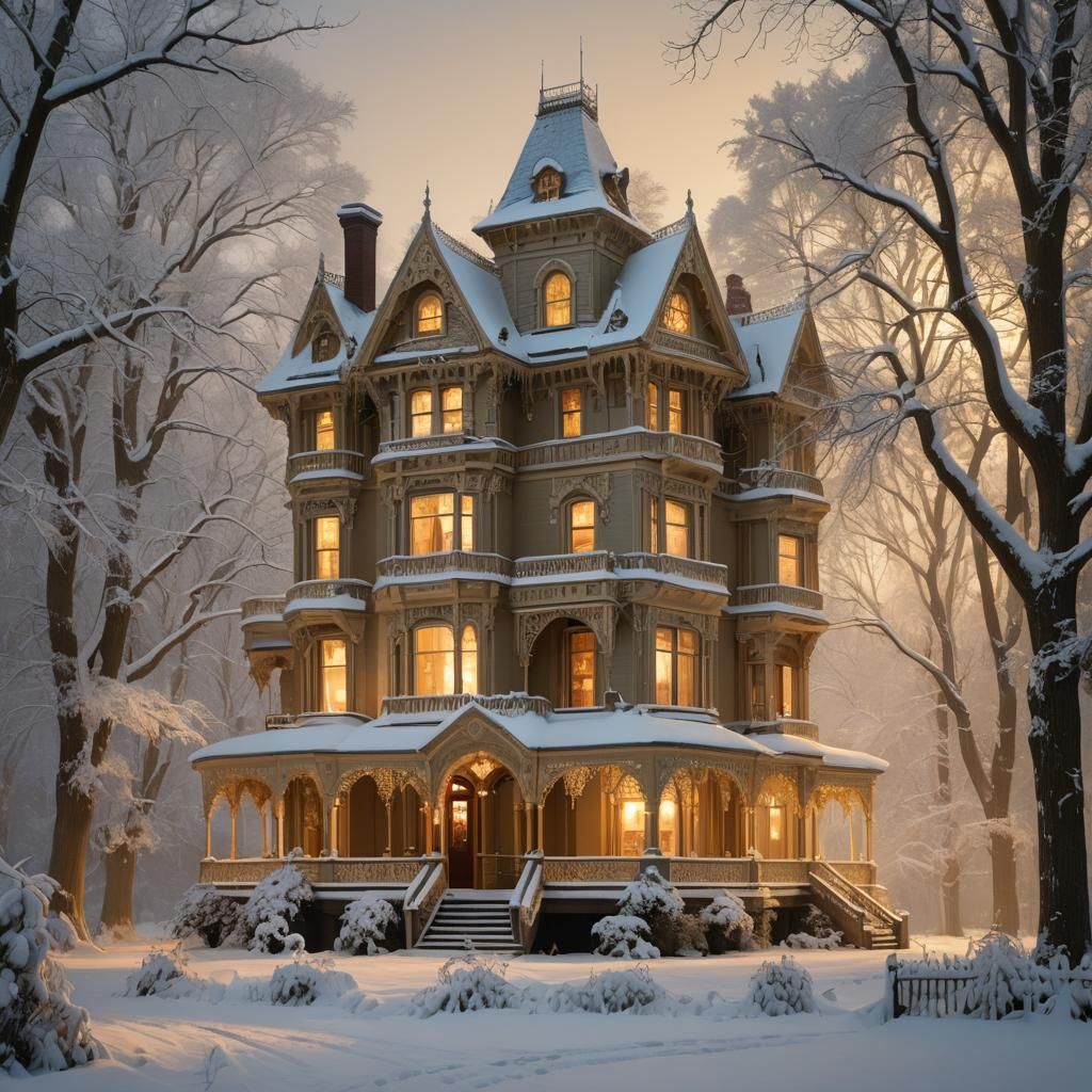 Snowy Victorian Mansion in a Fantasy Landscape