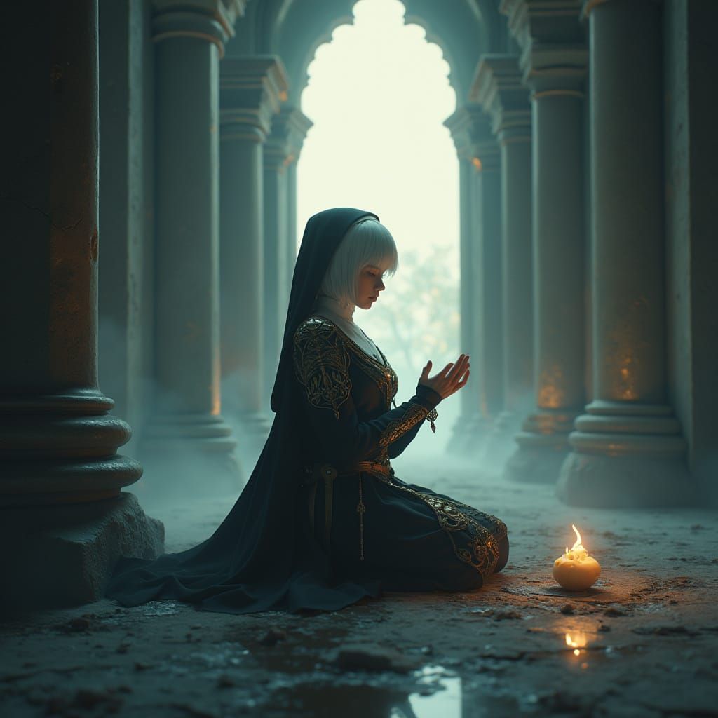 Mystical Nun in Ornate Armor at Dusk