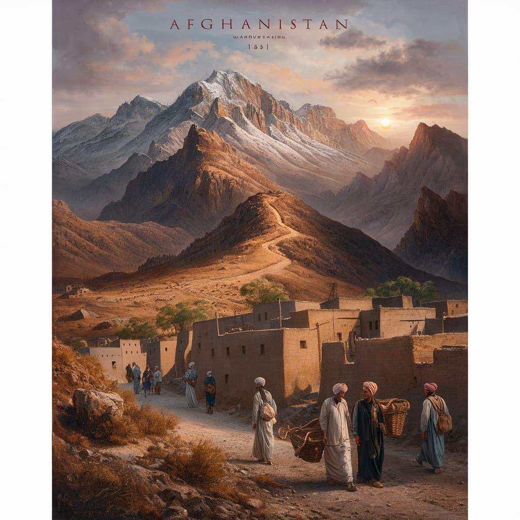 Afghanistan Mountain Village, 1851 Landscape Painting