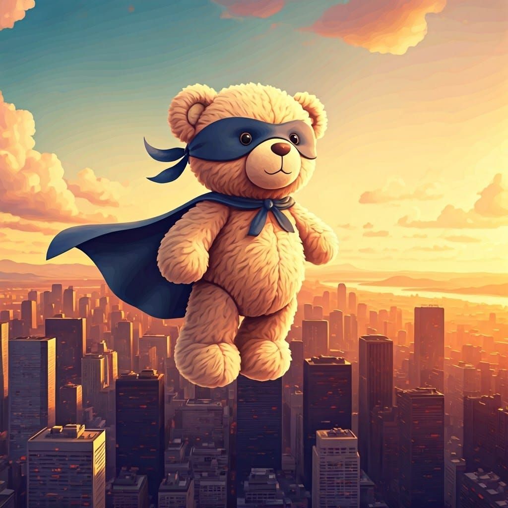 Teddy Bear Superhero Soaring at Sunset: Watercolor Art