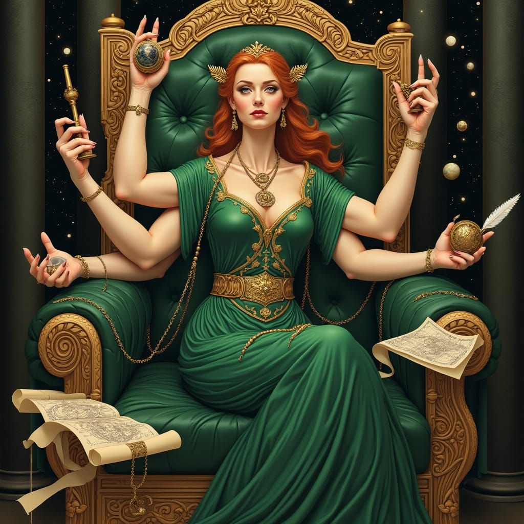 Four-Armed Woman on Jade Throne in Art Deco Style
