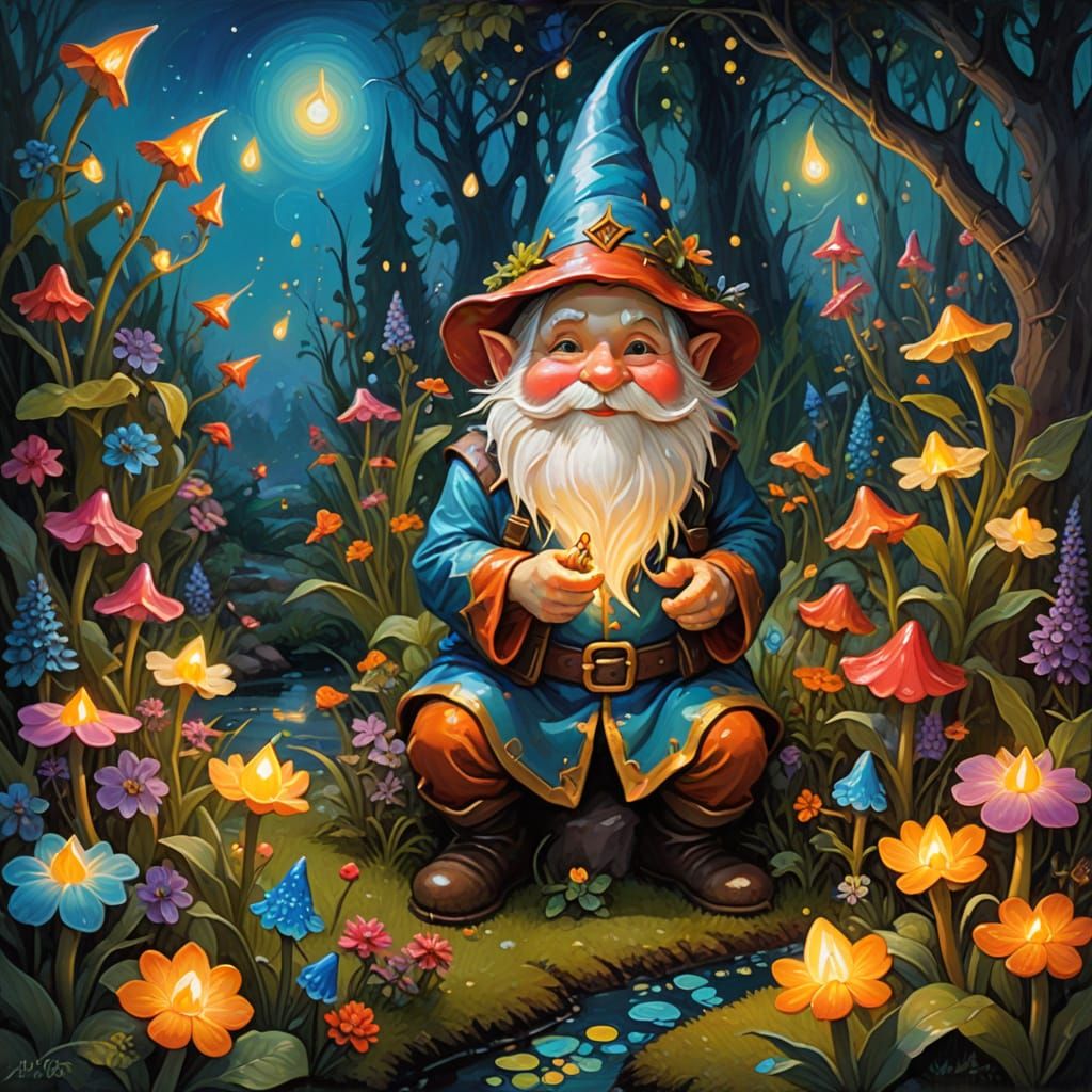 Whimsical Gnome in Bioluminescent Garden Oil Painting