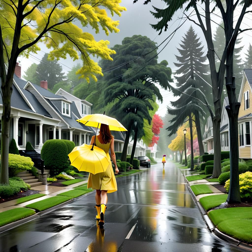 Woman in Yellow Dress Caught in a Windstorm