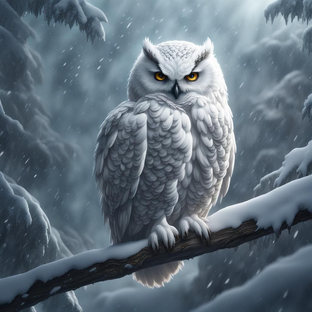 Fluffy White Owl in Blizzard: Detailed Matte Painting