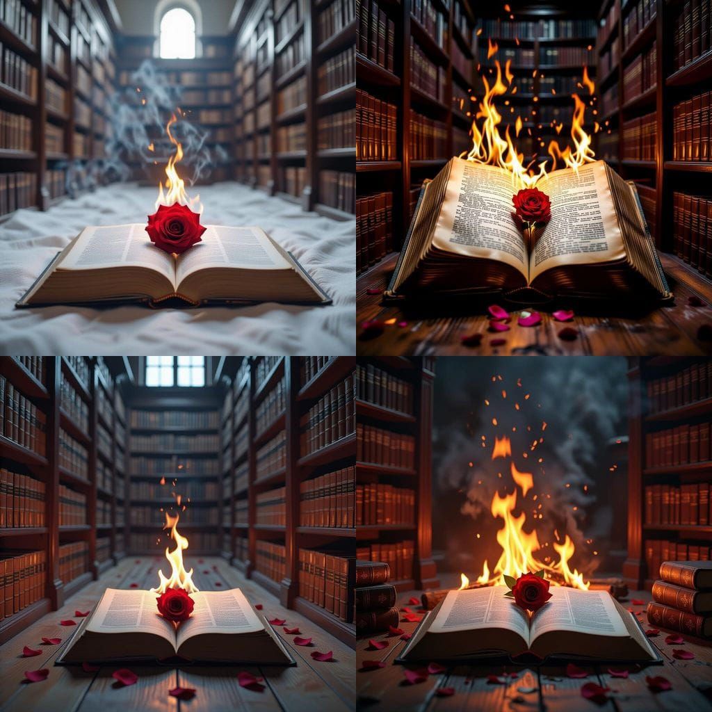 Fiery Room with Protected Book and Rose