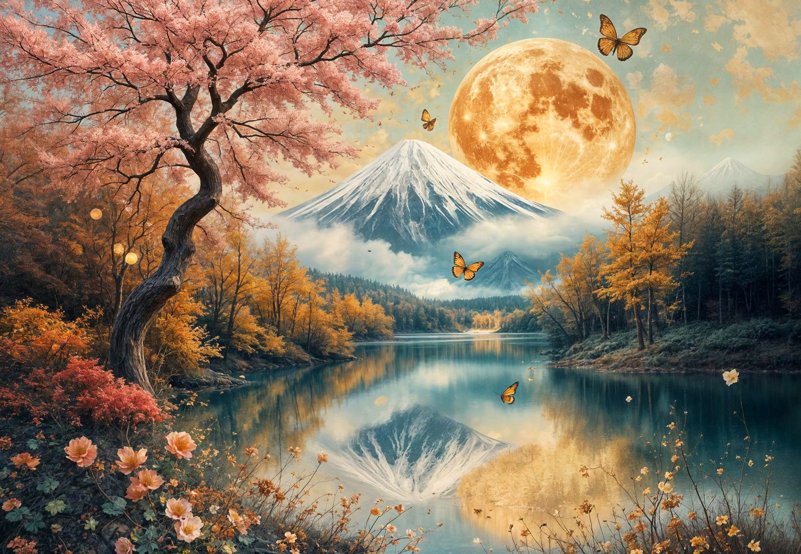 Dreamy Impasto Mt Fuji Moonrise with Shimmering Moths