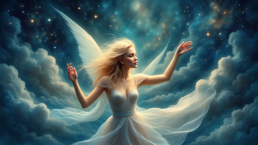 Celestial Woman Summons Stars in Whimsical Style