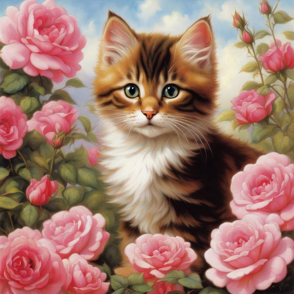 Surreal Kitten Portrait in Waterhouse-Inspired Style