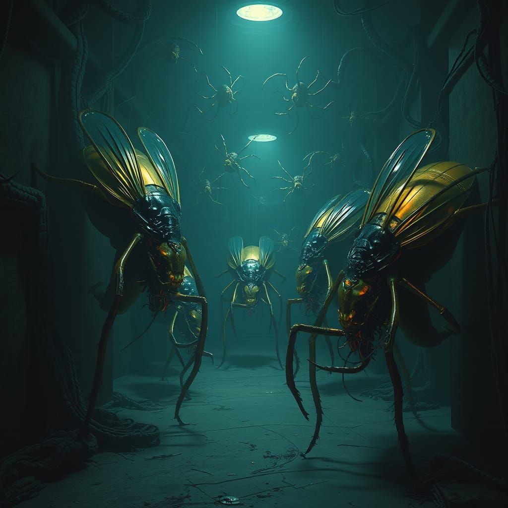 Giant, Iridescent Insects Invade a Dark, Eerie Room