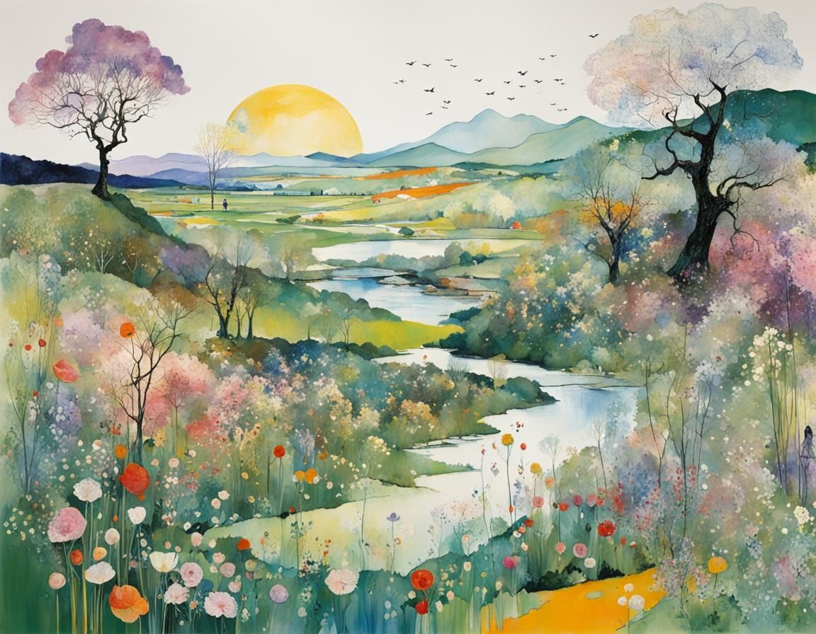Lush Spring Landscape in Art Nouveau Style