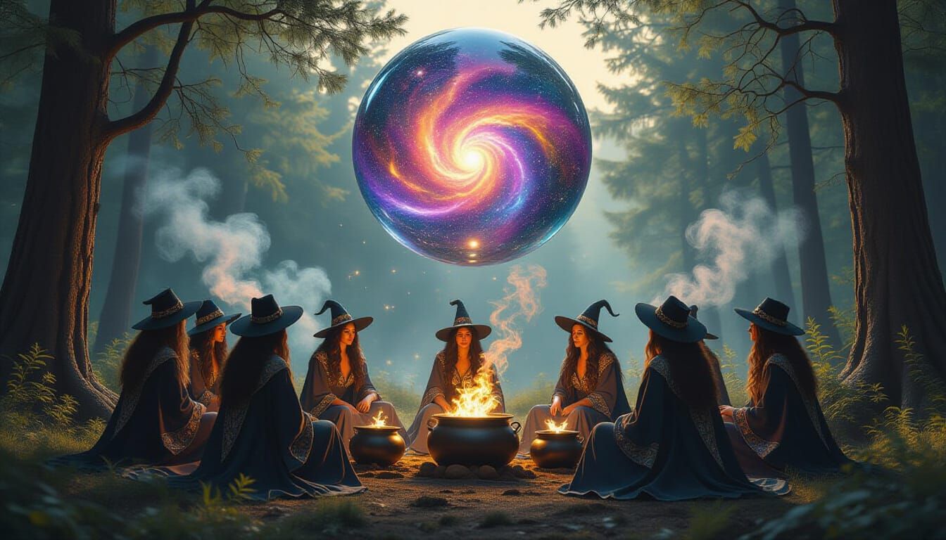 Witches Gazing into Cosmic Crystal Ball in Surreal Style