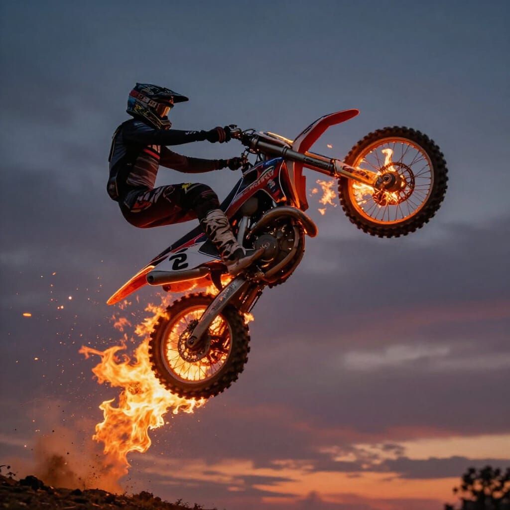 Motocross Rider's Fiery Flip in Dramatic Twilight