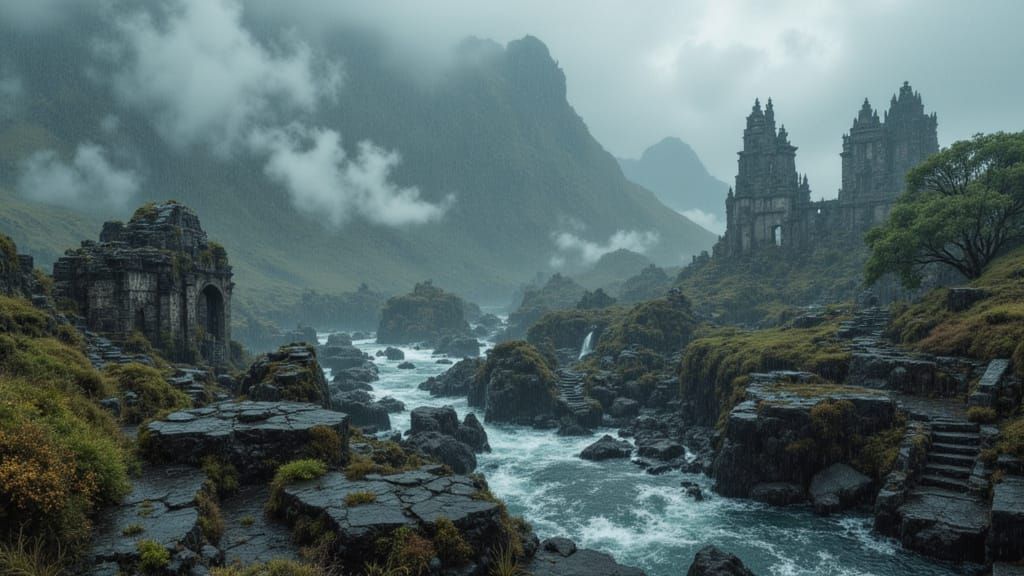 Rainy Azores Landscape in Moody Fantasy Style