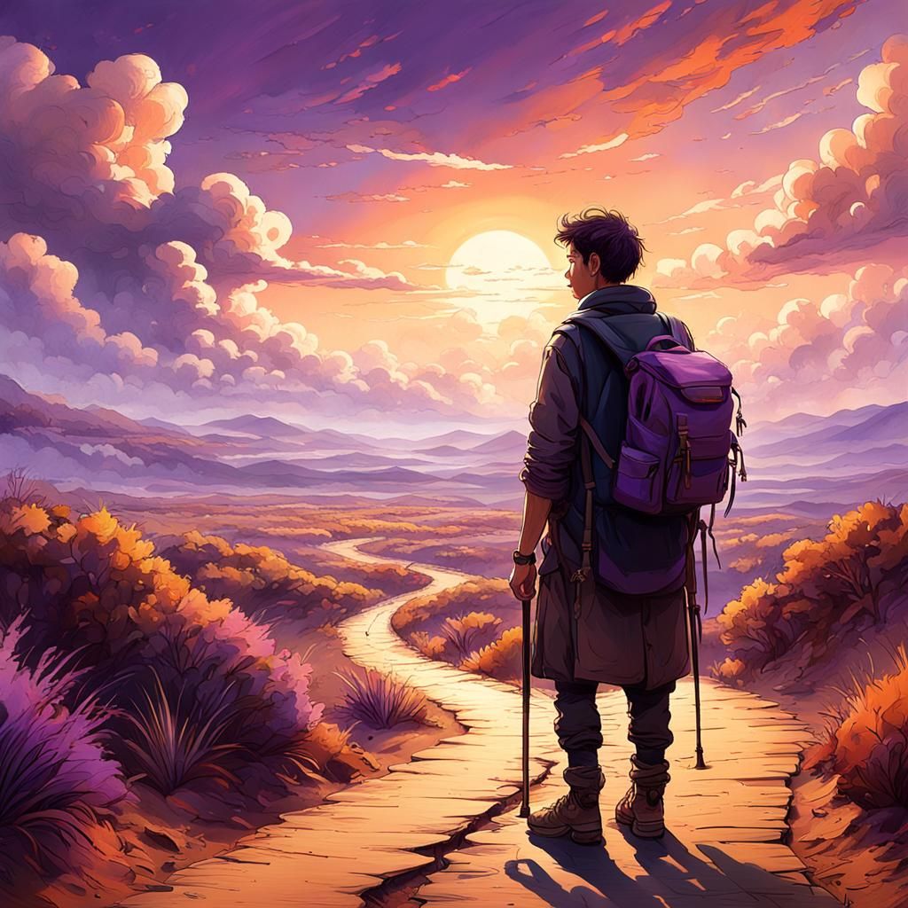 Lone Traveler at Sunset in Hyperrealistic Style