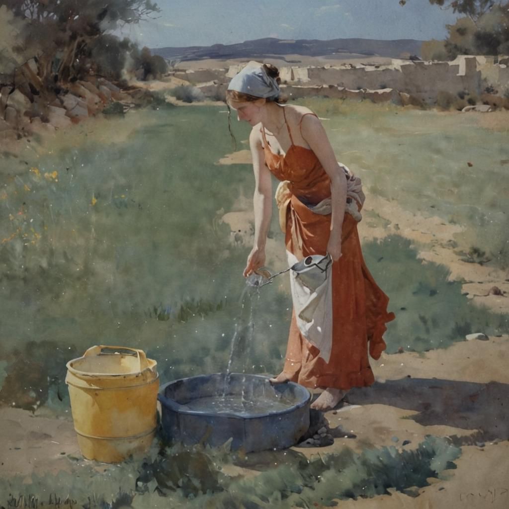 Woman at Well in Watercolor Style