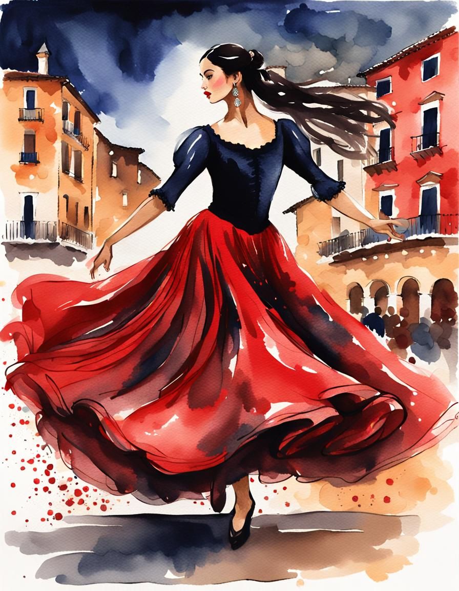 Flamenco Dancer in Town Square Watercolour