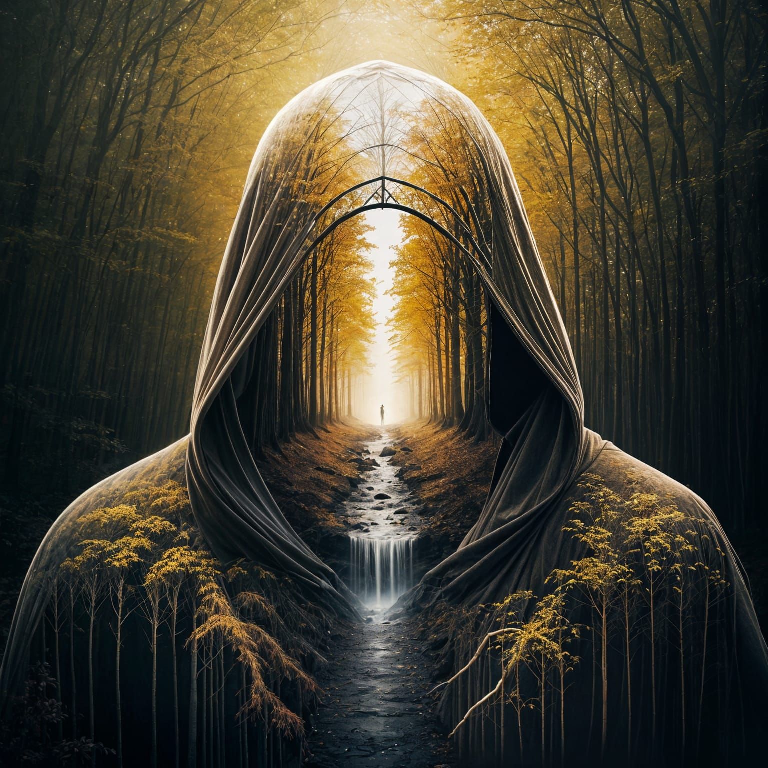 Hooded Figure Double Exposure with Golden Forest