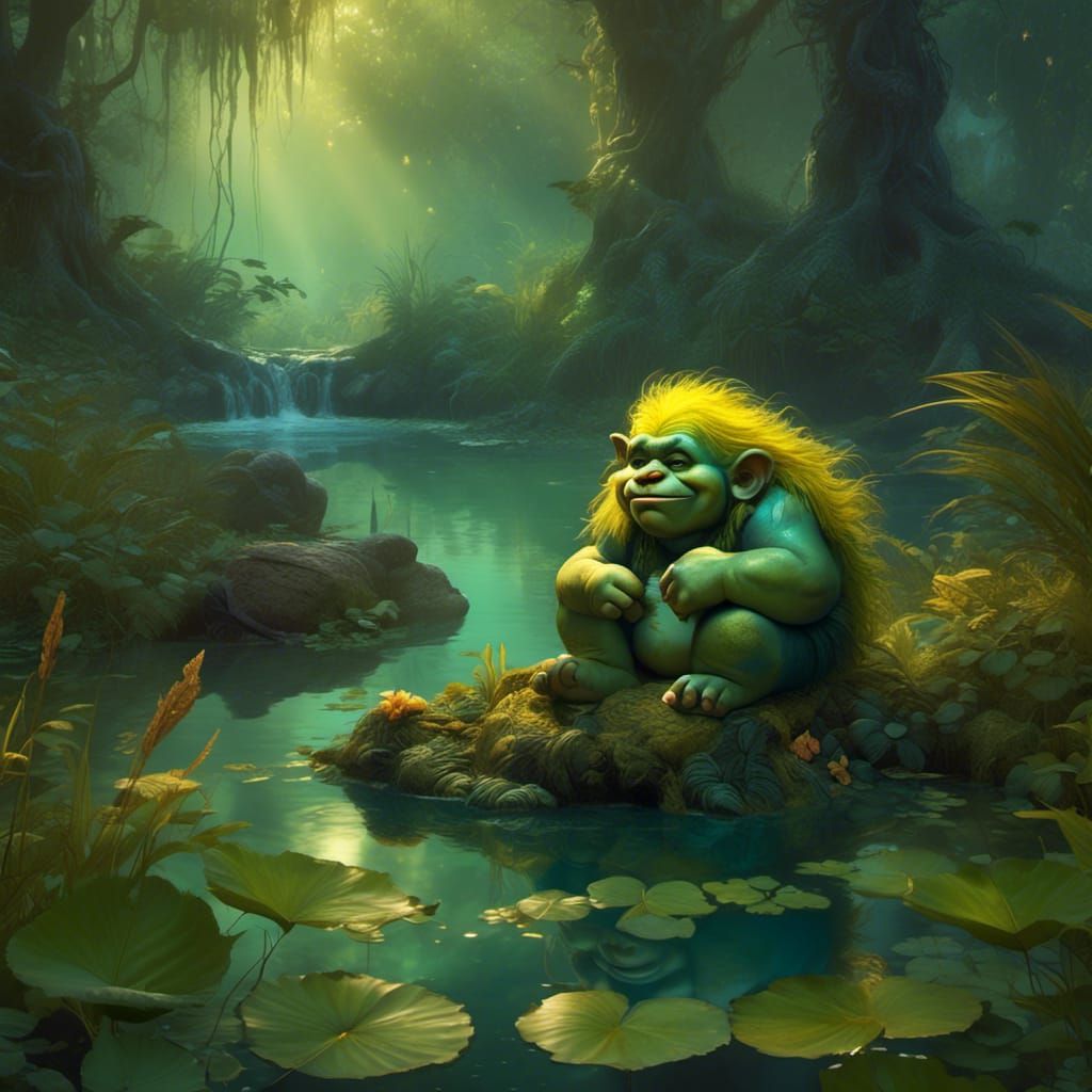 <lora:Enigmatic:1.0> A fat green baby Troll with golden hair...