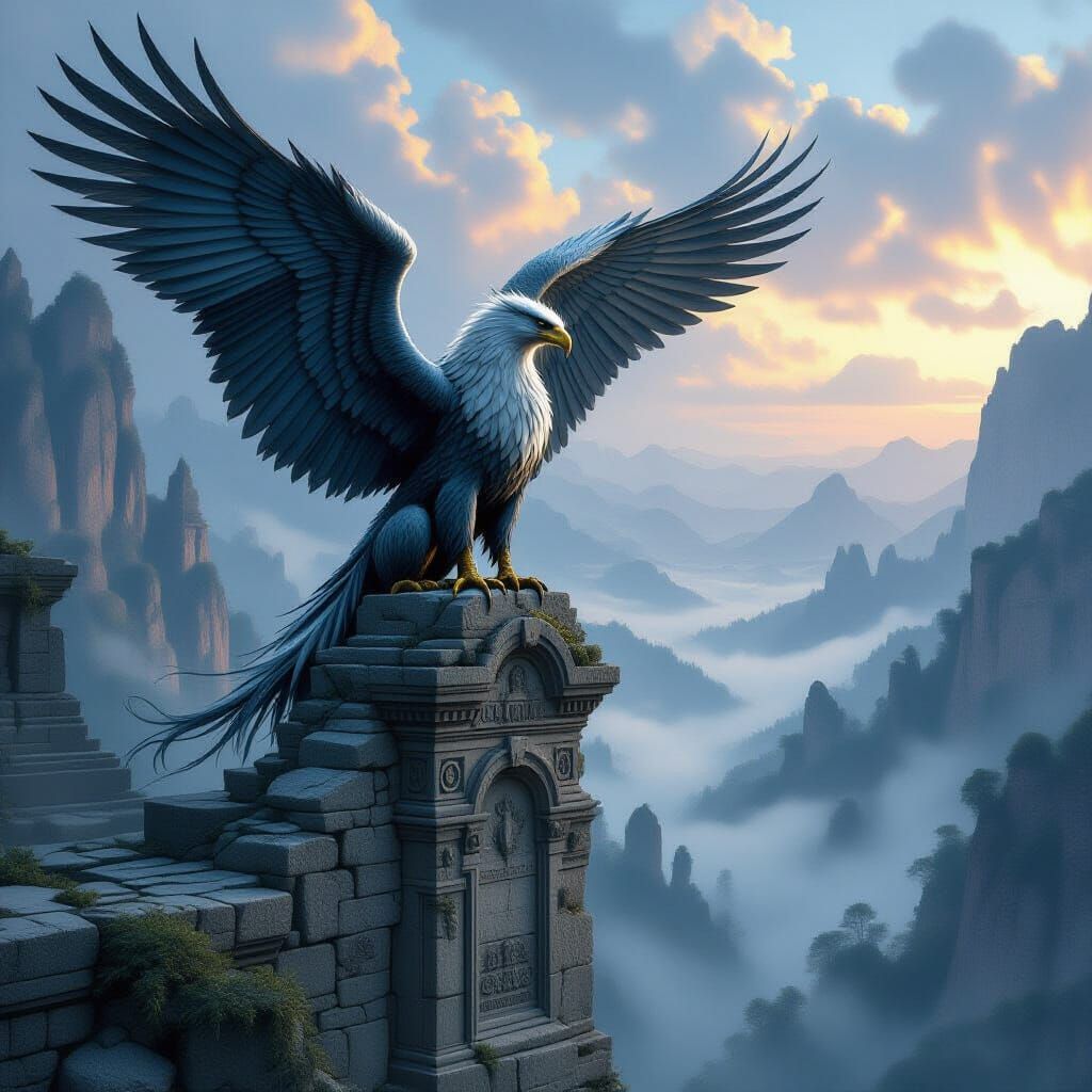 Majestic Griffin on Ancient Ruins in Twilight Valley