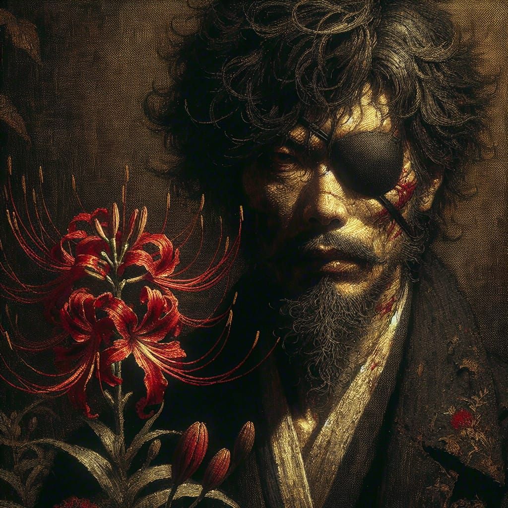 Grimdark Asian Man with Red Lily in Impressionist Style
