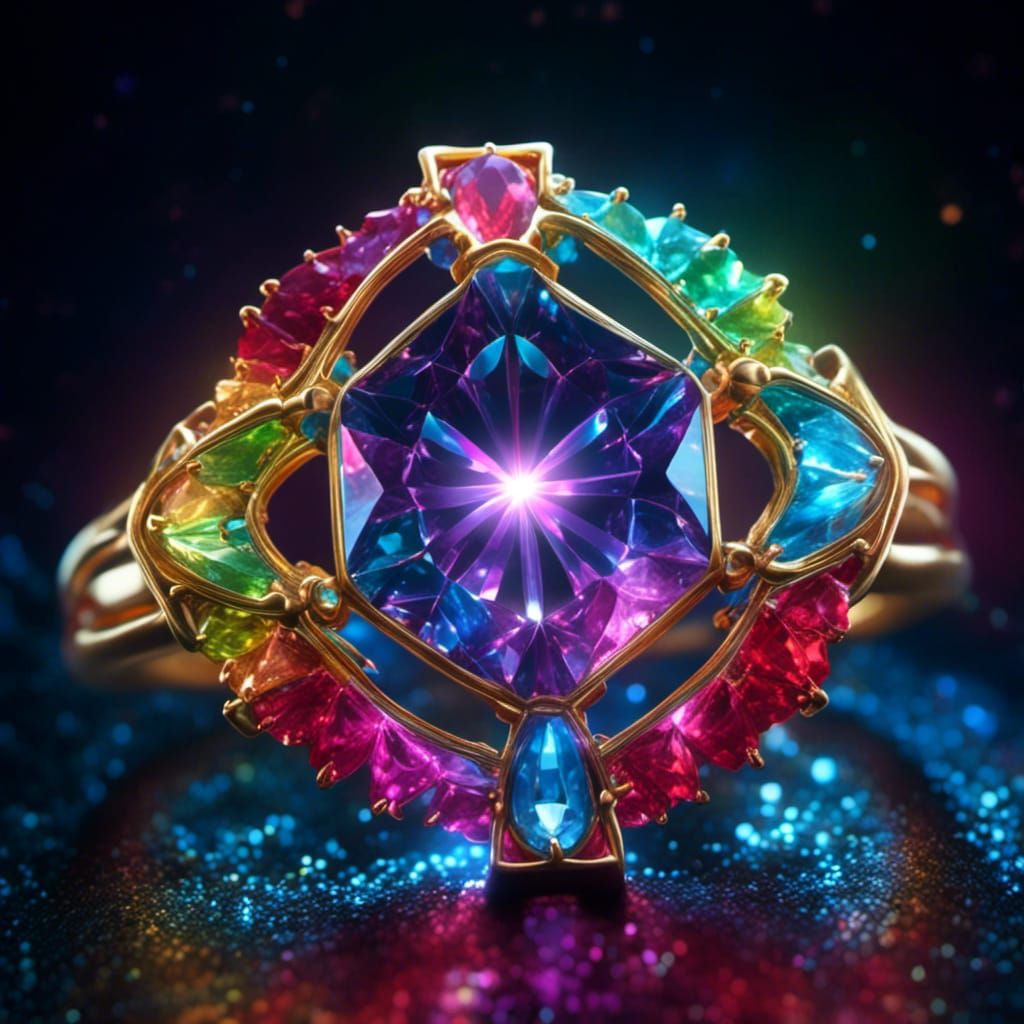 Rainbow Light Cross with Golden Ring in Hyperreal Style