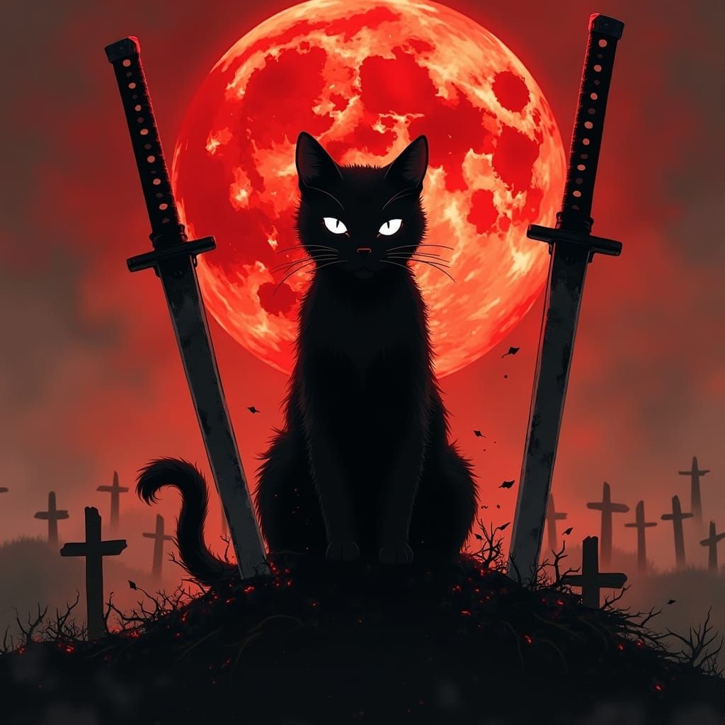 Mystical Black Cat Silhouette Amidst Blood Moon and Katanas