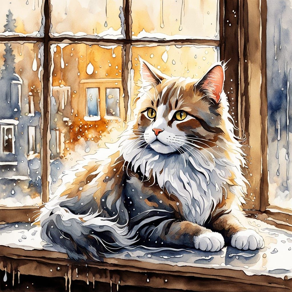 Cozy Cat by Window Watercolor Painting