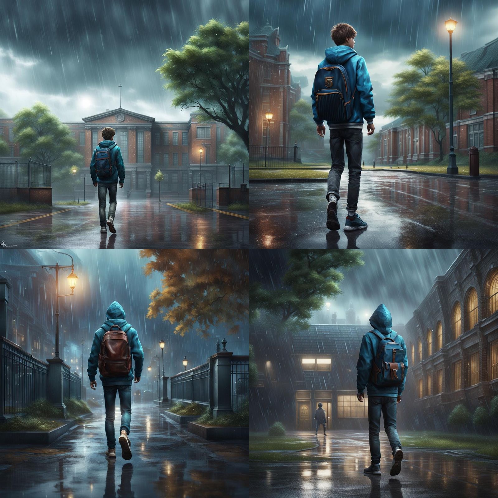 Lonely Teenager in Rainy Schoolyard: Matte Painting