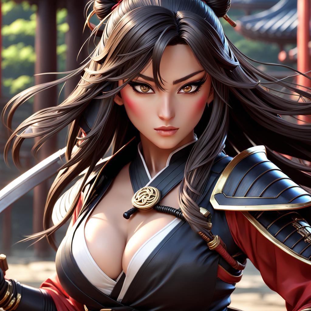 Female SAMURAI Ninja Hyper-detailed female anime, bouncy fighting pose, katana, long hair, big detailed manga eyes, perf...