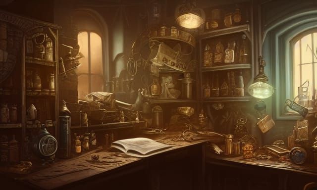 Detailed Steampunk Apothecary Study in Matte Painting Style