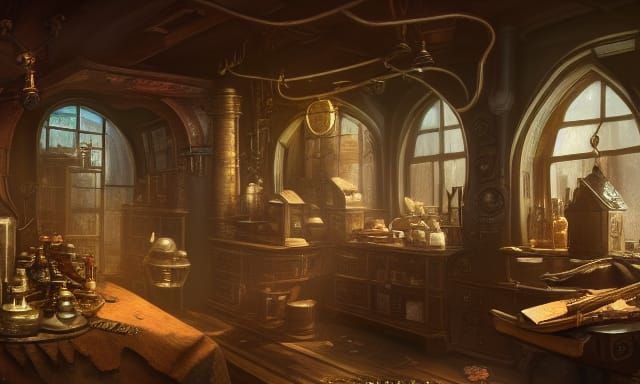 Detailed Steampunk Apothecary Study in Matte Painting Style
