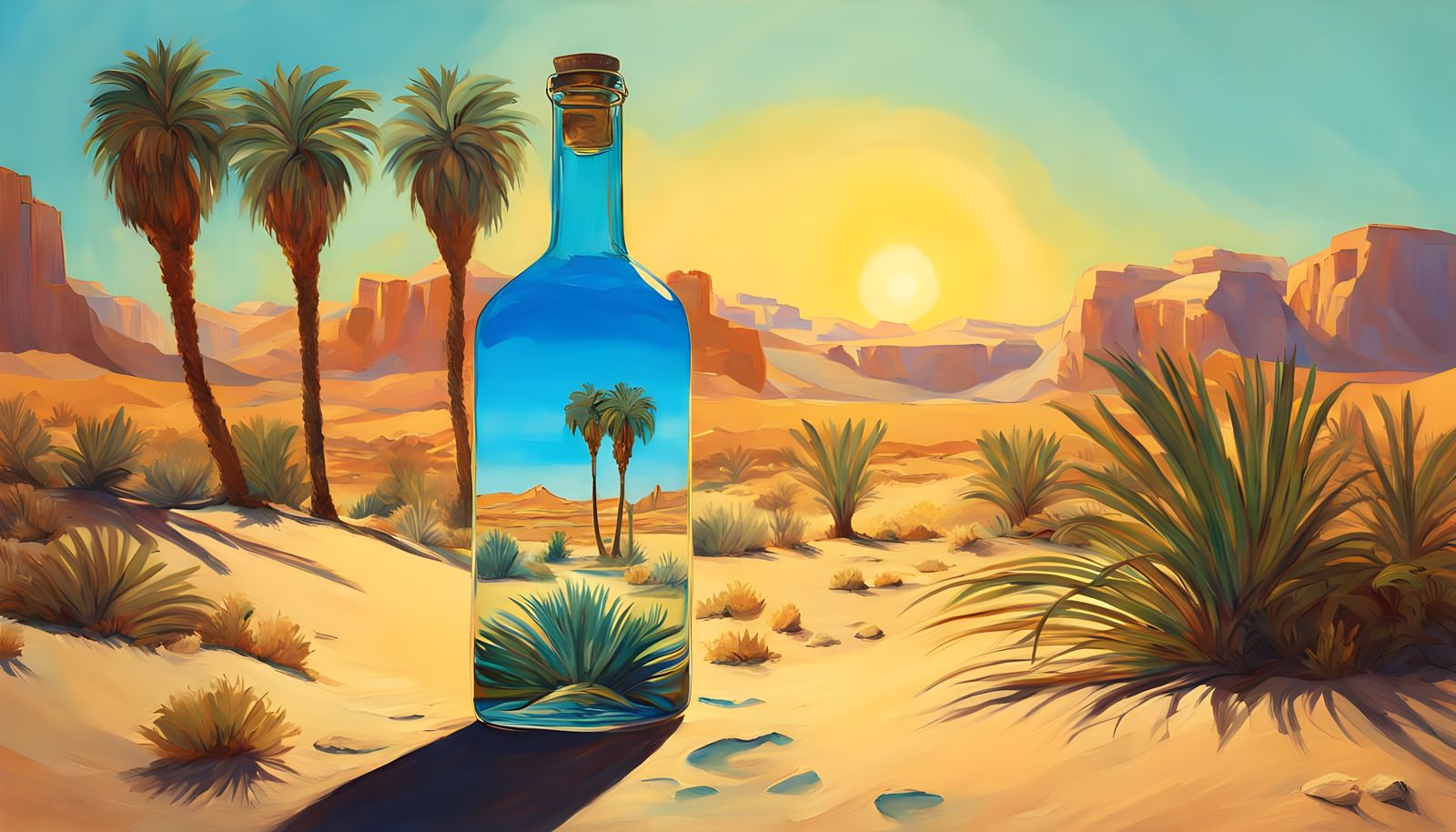 Surreal Desert Oasis in Vibrant Oil Painting Style