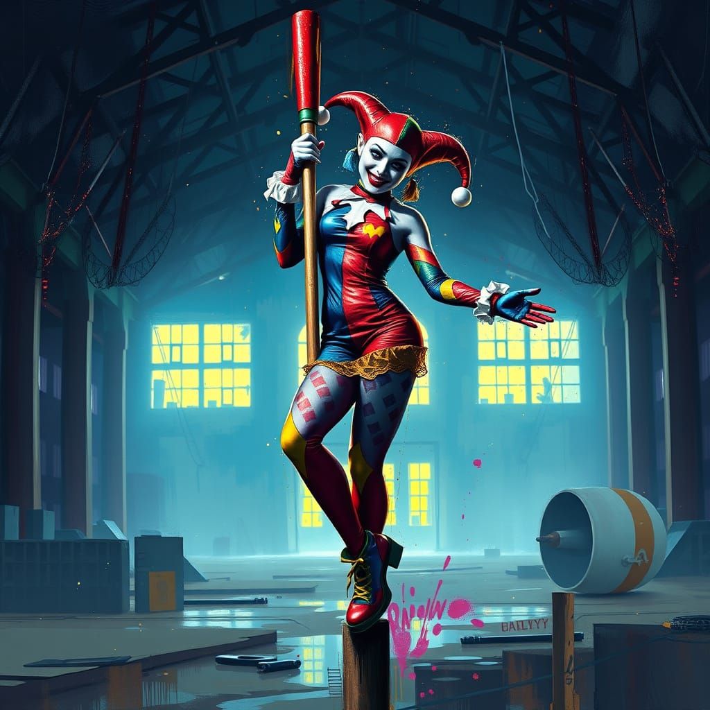 Harley Quinn Balances in Abandoned Hangar: Expressionist Sty...