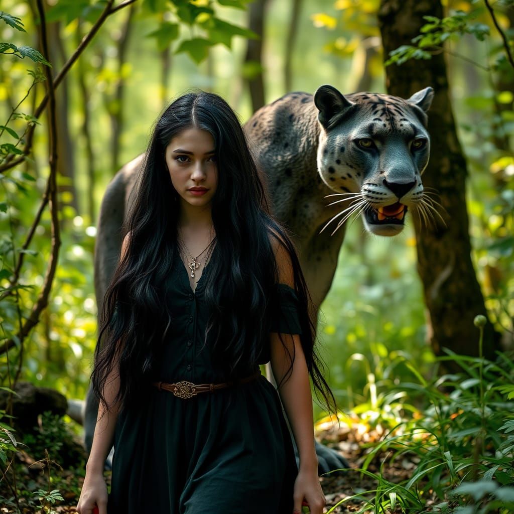 Girl and Panther in Magical Forest: Ultra-Realistic Photo
