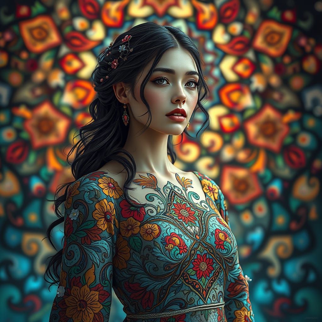 Woman in Hand-Painted, Stained-Glass-Inspired Dress, Blendin...