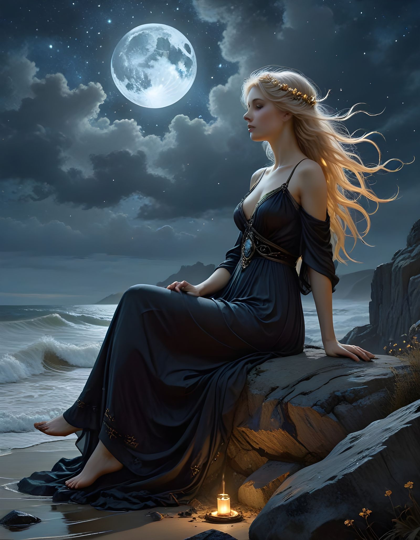 Norse Goddess in Starry Night, Shining Silver and Opal