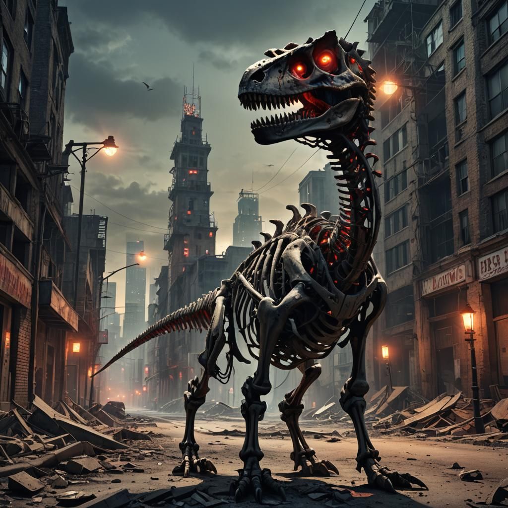 Dinosaur Skeleton in Abandoned City: Dark Fantasy Illustrati...