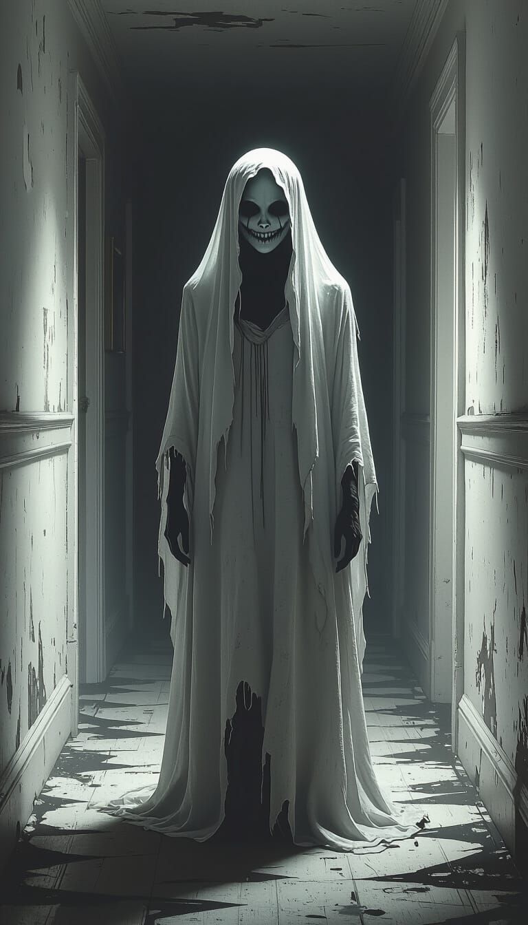 Ethereal Female Ghost in Dim Hallway with Scary Smile