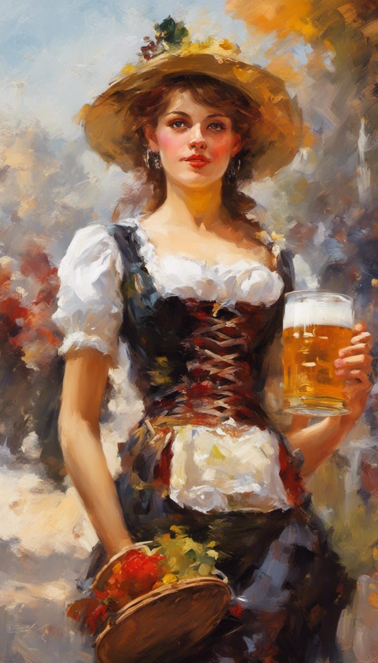 Oktoberfest Beer Maid in Impressionistic Style