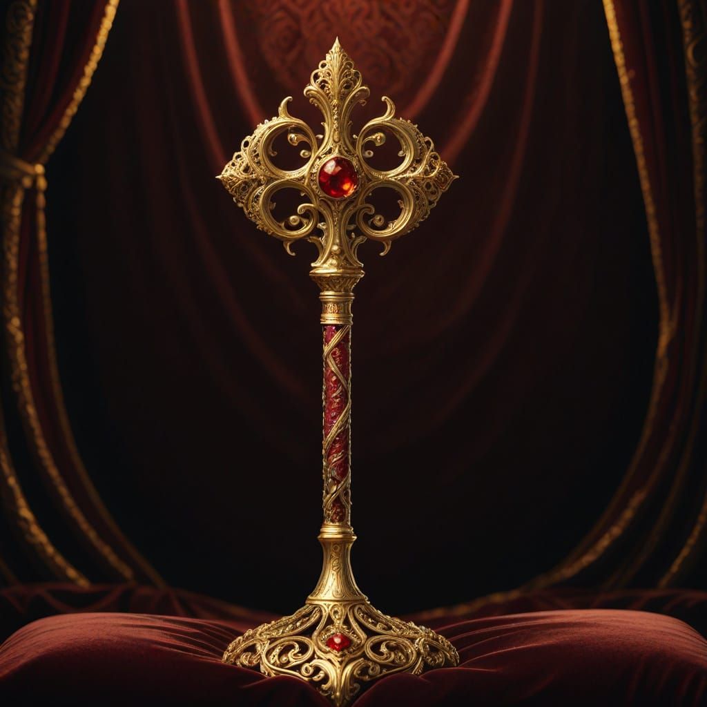 Metallic Gold Imperial Scepter on Velvet Cushion