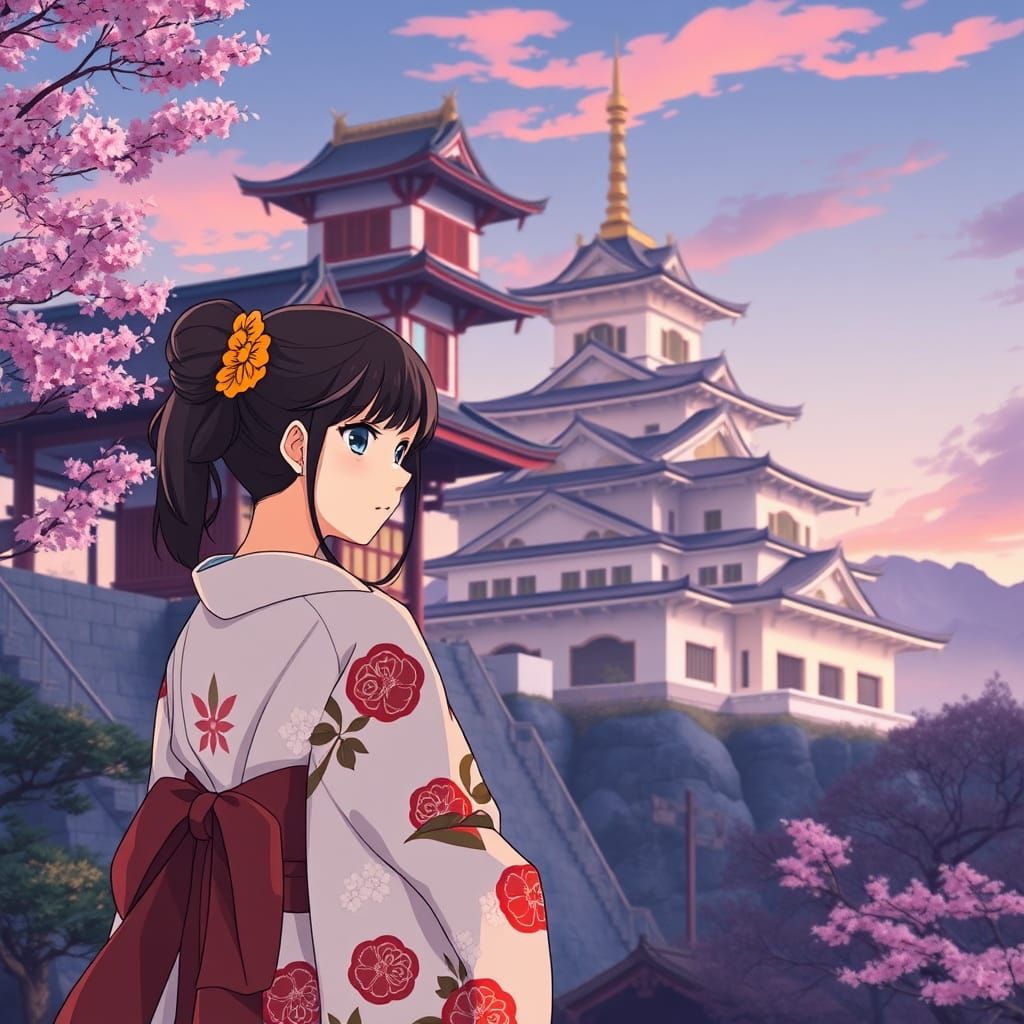 Anime Woman at Castle in Cel-Shaded Manga Style