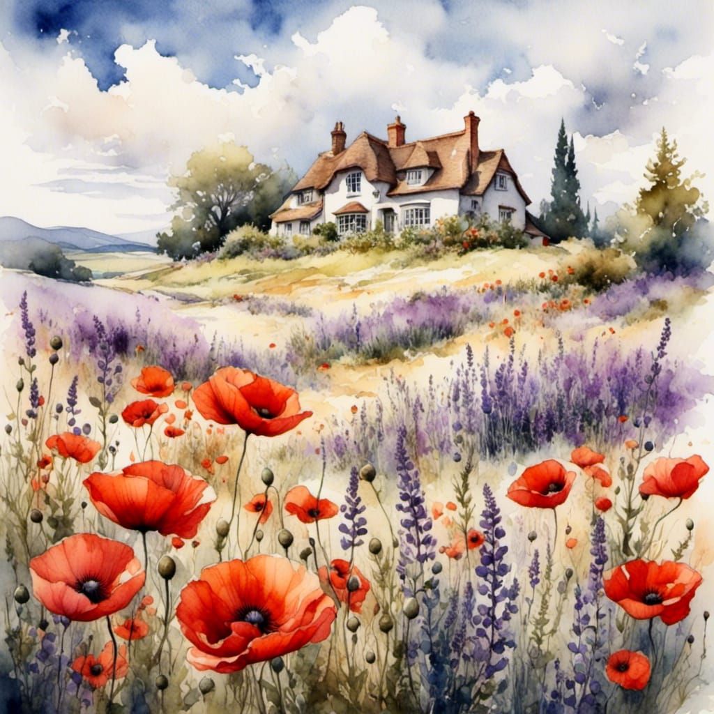 Watercolor Field with Cottage in Romantic Style