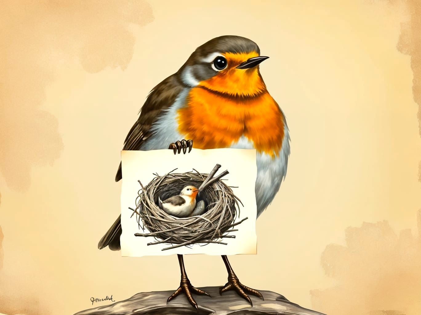 Robin with Nest Drawing, Whimsical Bird Art