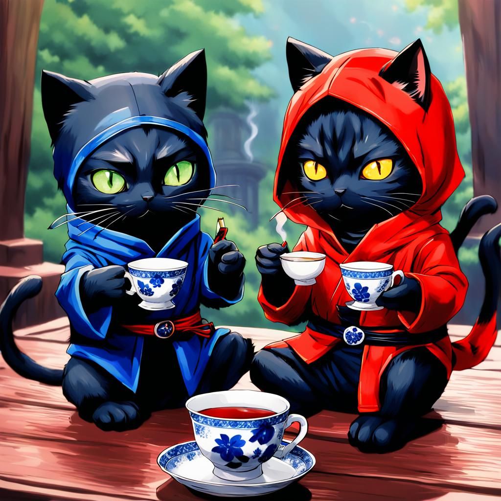 Cat Ninjas Tea Time in Anime Style