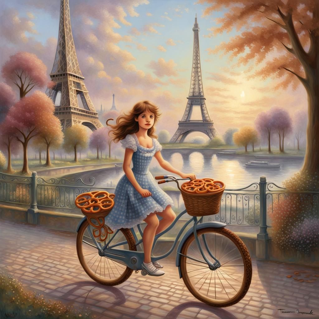 Girl Rides Pretzel Bike Past Pretzel Eiffel Tower