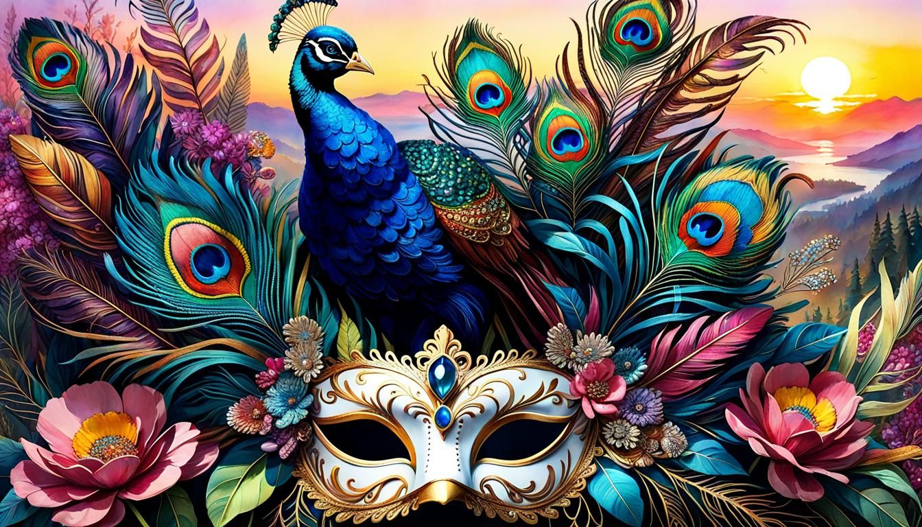 Maximalist Feather Masks in Digital Watercolor